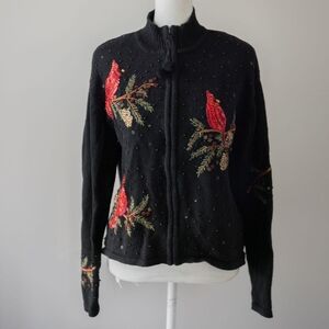 Vtg Y2K Knit Cardinal Winter Holiday Embroidered Sequin Cottage Tacky Sweater